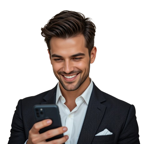 Homem sorrindo olhando para o celular