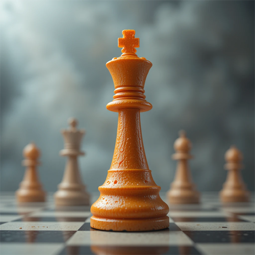 Peça de xadrez laranja em posição de destaque, simbolizando estratégia e vitória.
